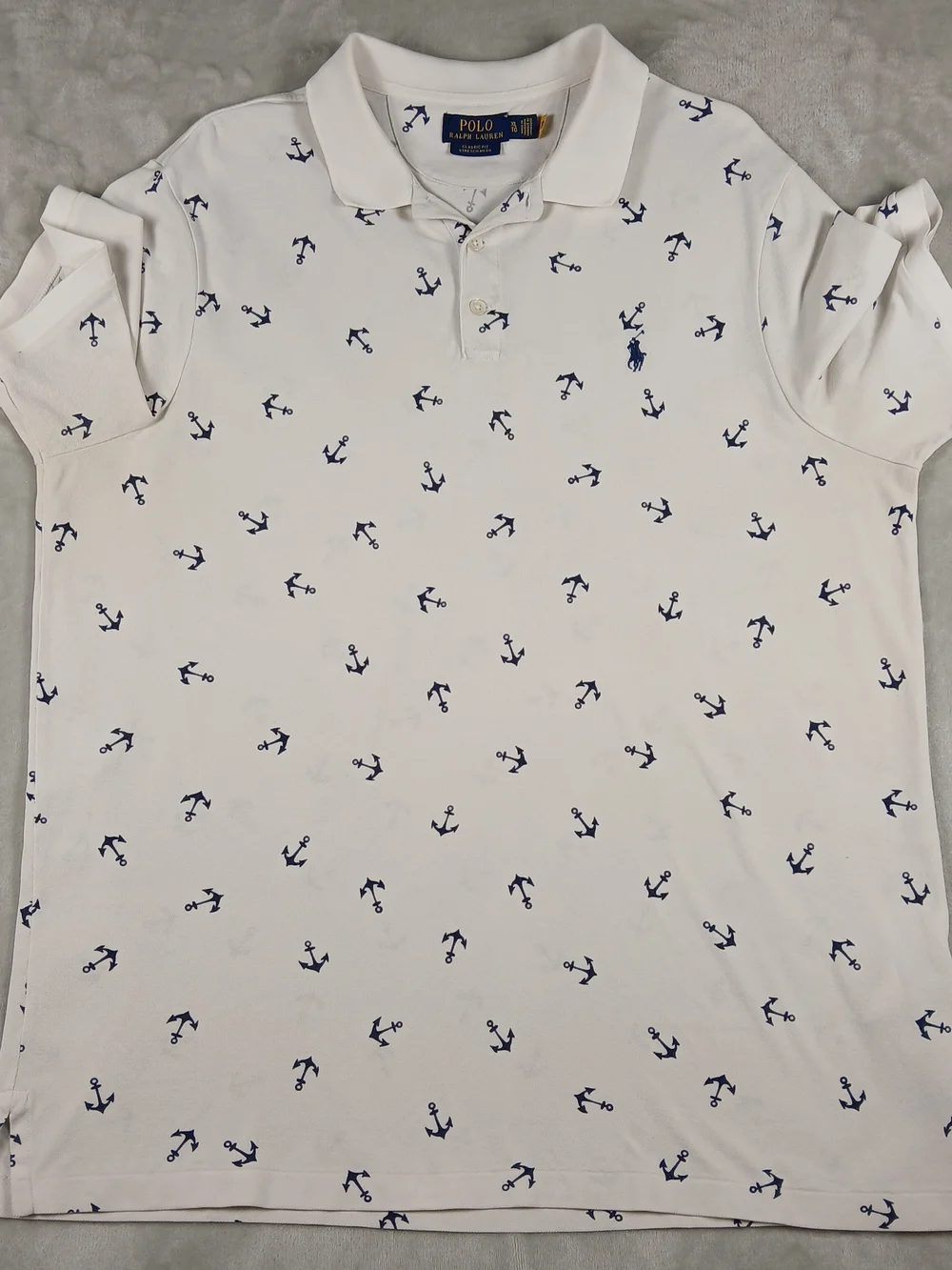 Polo Ralph Lauren All Over Print Polo Shirt XL Men's Stretch Mesh Anchors White